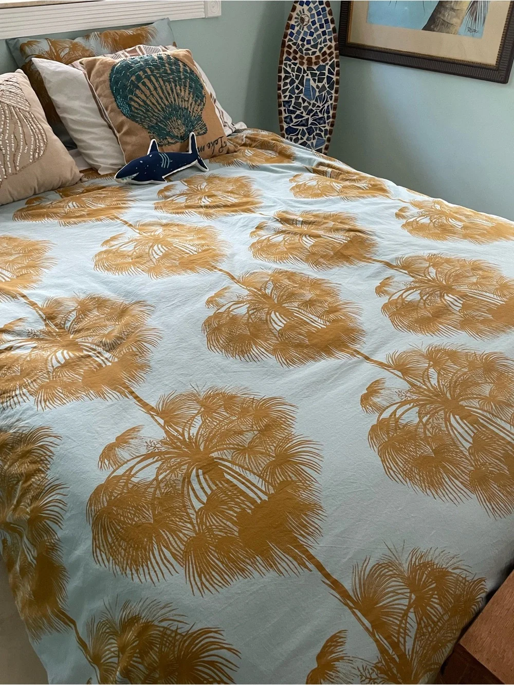 Lux Palm Print Duvet Cover Set in Sky Blue and Tan plus 4 pillow cases